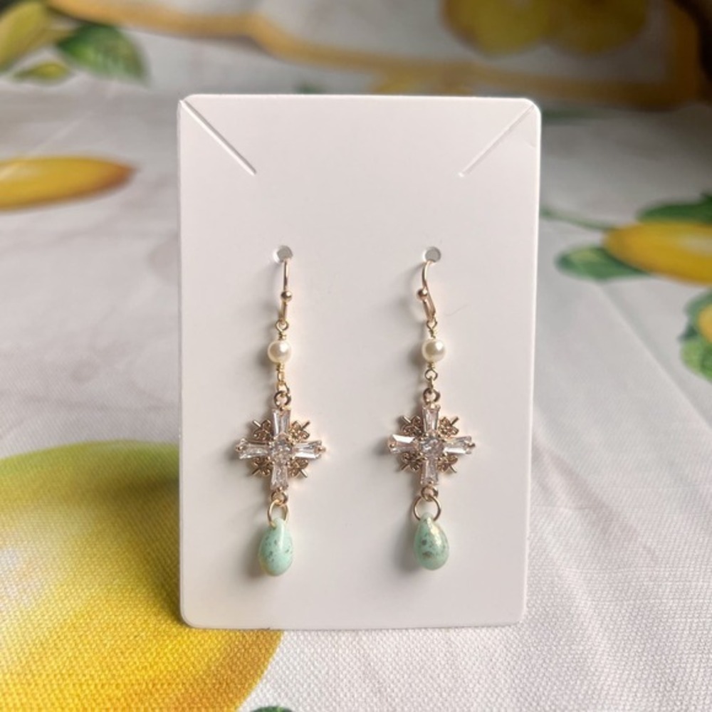 Czech Glass Cross Shape Pearl Mint Gold Robin Egg Speckled Boho Casual Earrings
